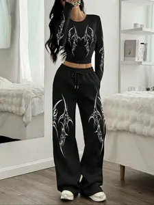 Gothic Pattern Adjustable Drawstring Pocket Wide Leg Comfy Pants Set, Fitted Long Sleeve Top, Comfortable High Waist, Casual Fashion Set Spring & Fall Wear Outfit Clothes for Women Womenswear