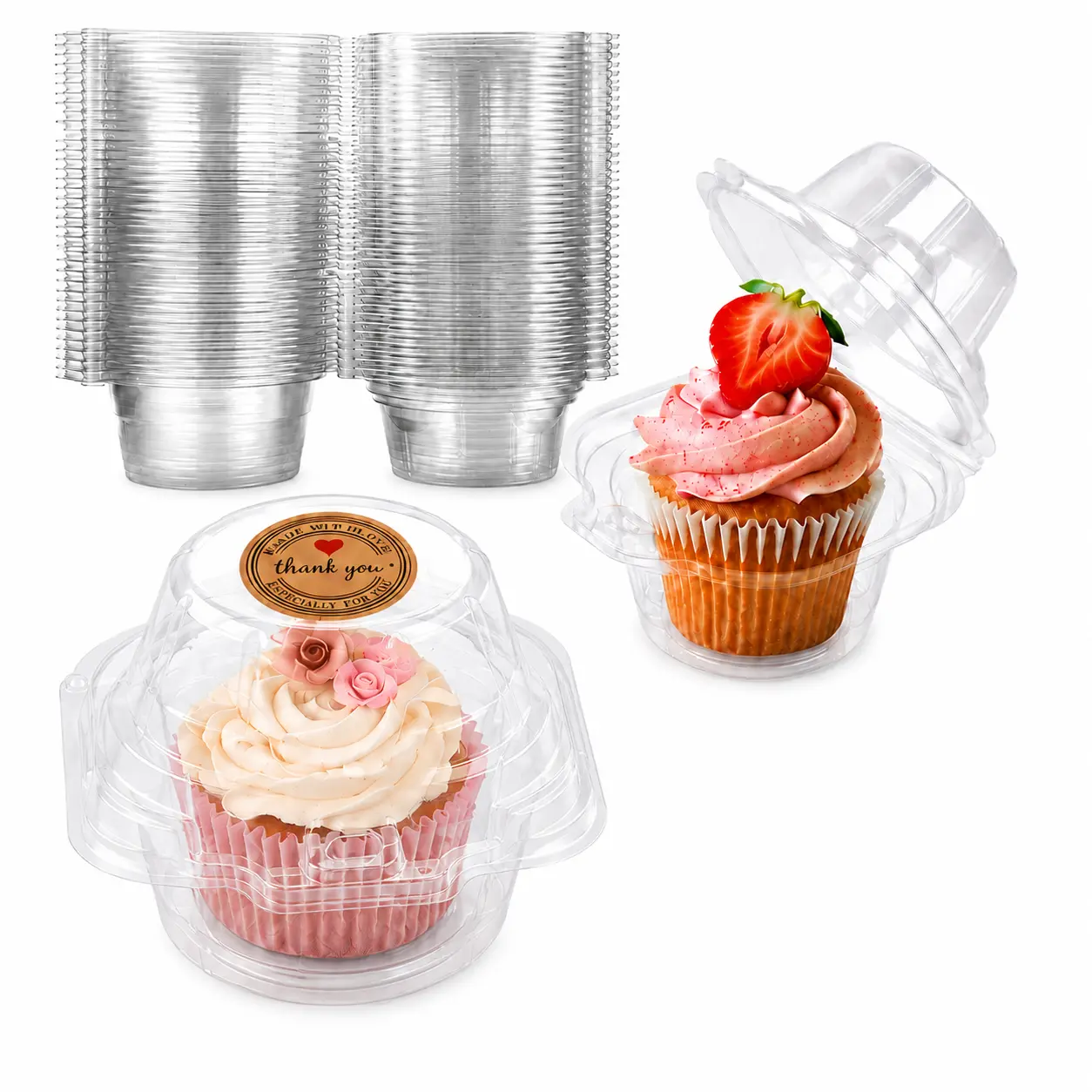 122PCS, 50 Pack Individual Cupcake Containers with 72 Sticker Labels, Plastic Cupcake Boxes with Dome Lids, Stackable Clear Cupcake Holders for Cupcakes, Muffins, Donuts, Mini Cakes, Baking, Parties, Weddings and Picnics