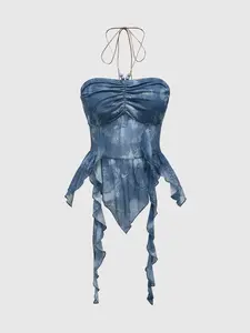 TikTokShopBlackFriday Paisley Print Ruffle Asymmetrical Hem Halter Top Ruched Tie Backless Crop Tops