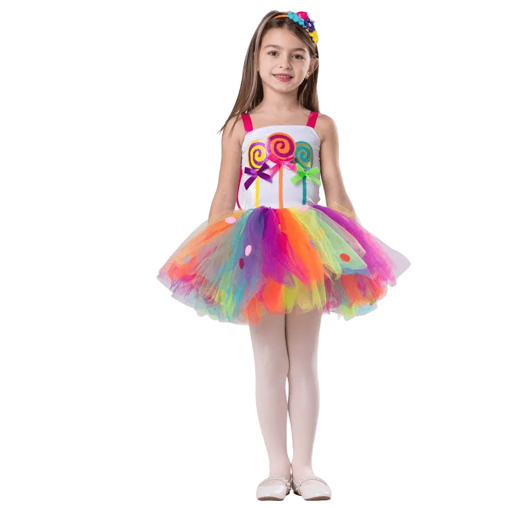 Candy Dress Costume Dress For Kids - Lollipop Theme Dress with Tulle Skirt & Flower Headband – Perfect for Halloween, Candyland Theme Party, Pretend Play Fun & Costume Party