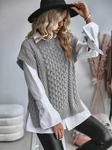 Women's Solid Color Cable Twist Knitted Sweater Vest, Casual Sleeveless Collared Jumper Vest for Daily Wear, Ladies Knitwear for Fall & Winter, Tops, Womenswear