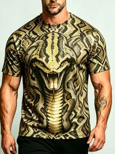 Men's Snake Print T-Shirt, Summer Breathable Comfort, Streetwear Fashion, Casual Fitted Long Sleeve Top, Trendy and Versatile
