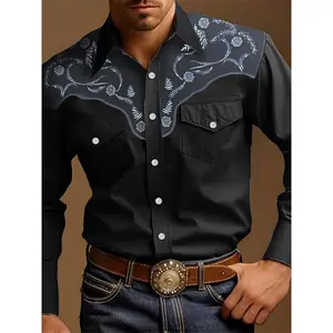 Men's Vintage Western Floral Print Shirt - 100% Polyester Breathable Long Sleeve with Chest Pockets, Regular Fit All-Season Casual Outdoor Streetwear, 140gsm Woven Fabric & Turn-Collar Design, Streetwear Fashion, Classic Buttonup Style, Dur