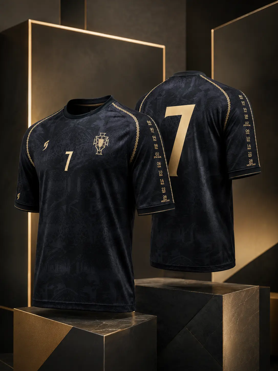 Portuguese Football Soccer Jersey - Black Portugal-Inspired Number 7 Fan Top with Tonal Artwork, Heritage Sleeves, Athletic Streetwear for Watch Parties, Soccer Jerseys