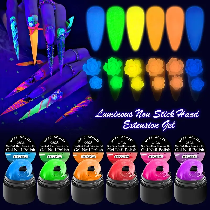MEET ACROSS 8ml Luminous Non Stick Hand Extension Gel, Glow-in-Dark Neon Colors Solid Gel Building Nail Gel for 3D Modeling Long-Lasting Nail Extension Gel for Home Salon Nail Art DIY, Gel Builder, Builder Gel For Nails