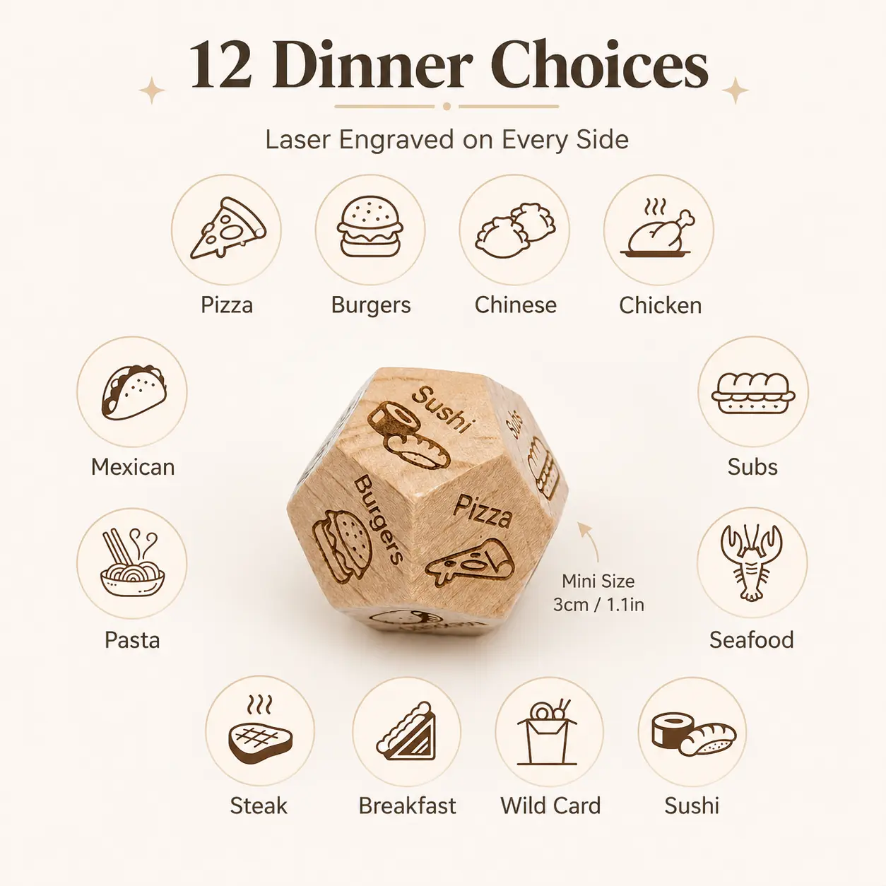 Wooden Food Decision Dice for Date Night, 12-Sided Dinner Choice Die, 1.18 Inch Mini Meal Picker for Couples and Families, Funny Gift for Dad, Husband or Boyfriend