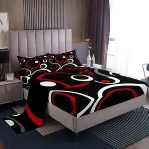 Feelyou Circle Luxury Bedding Set - Red Black White Complete Microfiber Sheet Set, Modern Geometric Theme Abstract Art, Lightweight Breathable Bedding Linens Collection