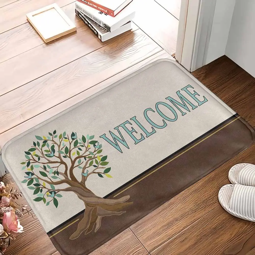 Welcome Tree & Artistic Leaf Pattern Doormat - 100% Polyester Indoor Outdoor Rugs, Breathable, 100% Rubber Backing, Anti-Slip Grip, High Absorbency, Durable, Easy-Clean Mat for Home Entrance, Housewarming Gift