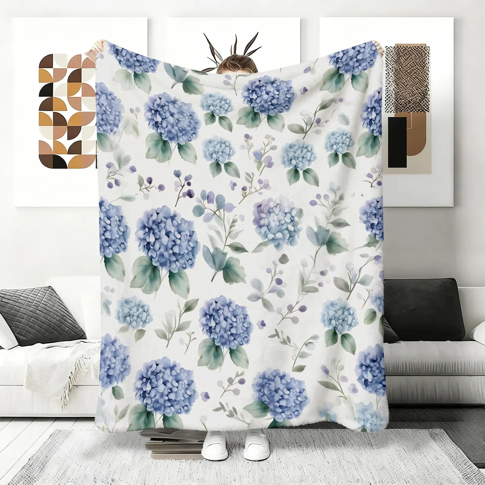 Super Soft Hydrangea Print Fluffy Crochet Fabric Blanket - Cozy Aesthetic Warm Aesthetic Wrinkle Resistant Plush Flannel Fleece, White & Blue Floral Throw, Living Room Accent, Vintage Style Bedding Gift for Adults, Blue Mellow Blanket