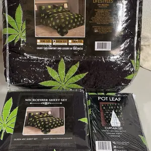 Pot Leaf Queen Size Comforter Set - 10 Pieces with Microfiber Sheet and Pot Leaf Curtain Set