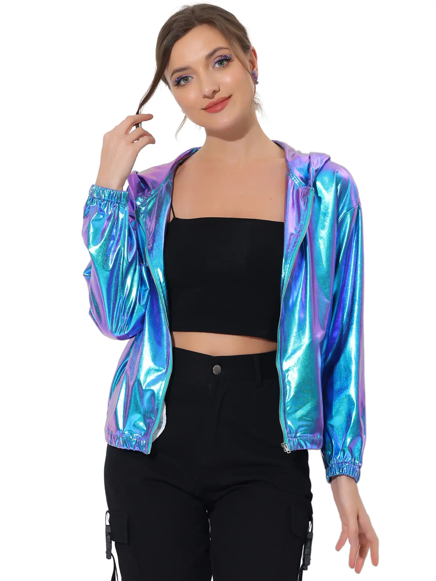 INSPIRE CHIC Hooded Long Sleeve Zipper Metallic Holographic Jacket
