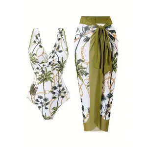 2026 Summer White & Green Printed Swim Dress Set – White Printed One-Piece Swimsuit with Sarong Wrap Skirt, V-Neck Twist Front Design, Elegant Two-Piece Swimwear for Summer Vibes