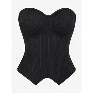 OverbustCorsetTopBustierWithStripedMoldedCupStraplessWomenSlimUnderbustWaistCincherGothicVictorianShapewearCostumeClubwear