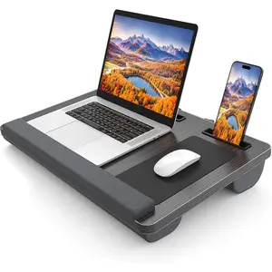 Laptop lap desk, portable large laptop desk for bed, up to 17-inch lap pad tray with wrist rest, mouse pad, tablet/phone slot, portable handle, cushion (black)