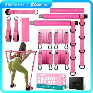Pilates Bar Kit with Resistance Bands, Pilates Workout Equipment for Legs, Hip, Waist, Arm, Squats Exercise Equipment for Home Workouts, Adjustable 3-Section Pilates Bar Kit for Women & Men,Best Gifts for Dads/Moms/Boys/Girls Outdoorfun Yoga