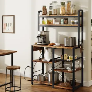 Large Baker Rack with Power Outlet & Wire Basket, Kitchen Microwave Stand with 6-Tier Open Storage Shelf, Wire Drawer, Basket & Hutch - Utility Organizer