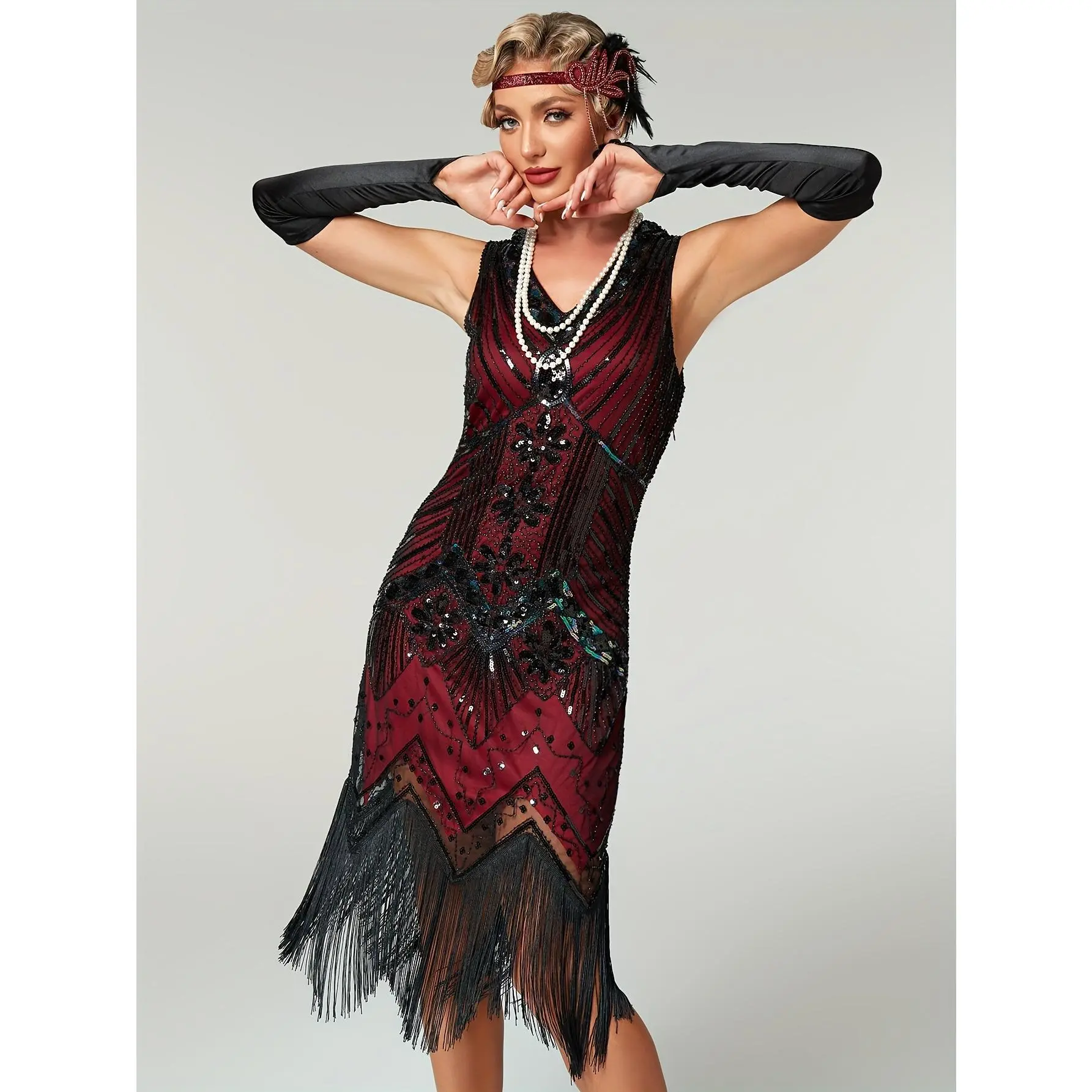 1920s Flapper Dress - Vintage Sequin & Tassel Party Gown, V-Neck Sleeveless Knee-Length Dress for Women, Perfect for Roaring Twenties Themed Events