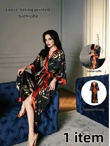 Elegant Silk Sleepwear for Women, Fashionable Thin V-Neck Ice Silk Pajamas, Vintage Japanese Morning Robe, Long Bathrobe