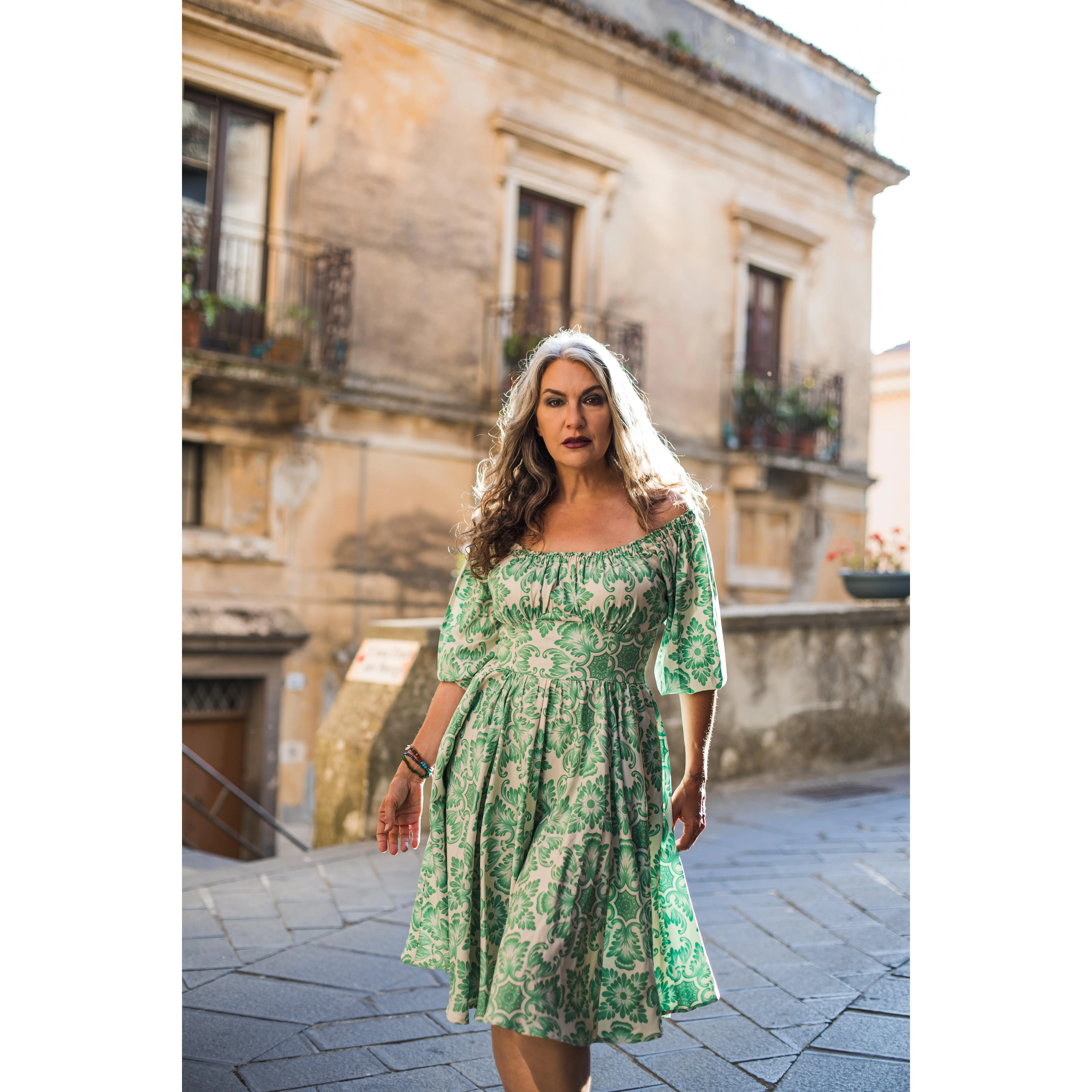 Marie-Therese Peasant Dress in Green Noto Tile