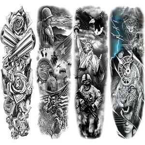 Military Sleeve Temporary Tattoos For Men Women, Black Full Arm War Soilder Lion Fake Sleeve Tattoo Adult, Long Lasting Large Army Patriotism Temp Tatoo Sticker Leg Body Art Makeup, 4-Sheet