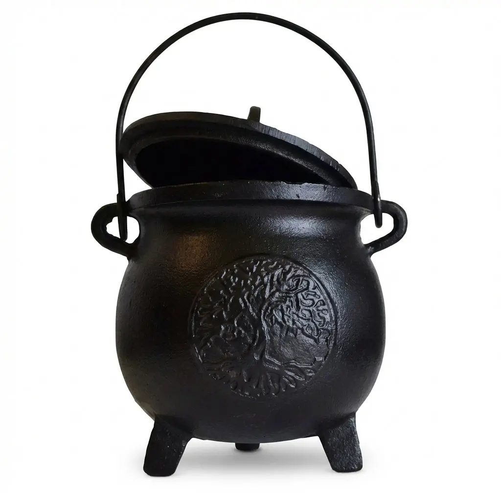 Tree of Life Cast Iron Cauldron with Lid — 6 Inch Large Ritual Cauldron
