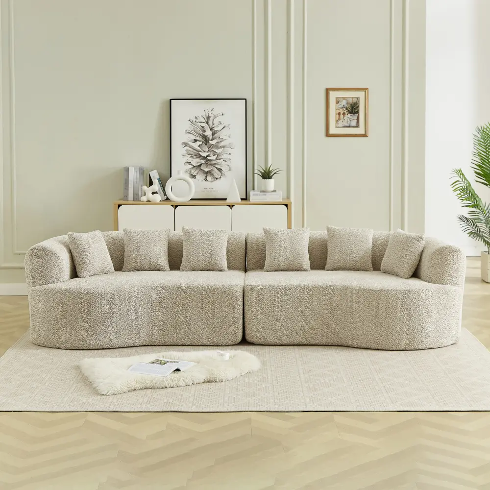 Curved Sectional Sofa, 111.5-inch Oversized Modern Bone-Free Cloud Sofa with 6 Pillows Luxury Chenille Four-Seater Memory Foam Sofa with Deep Seat Design, Light khaki W3505P355582