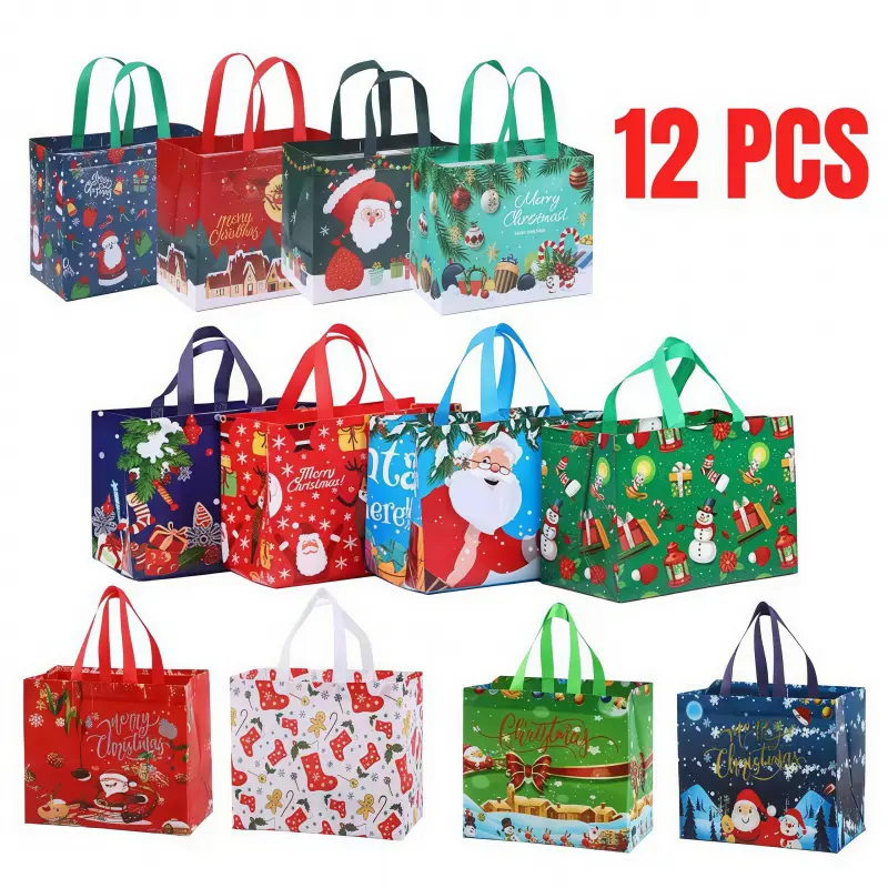 12PCS Christmas Gift Bags Set, Reusable Holiday Tote Bags with Handles, Christmas Party Favor Bags for Gifts, Candy, Treats, Shopping and Holiday Decorations