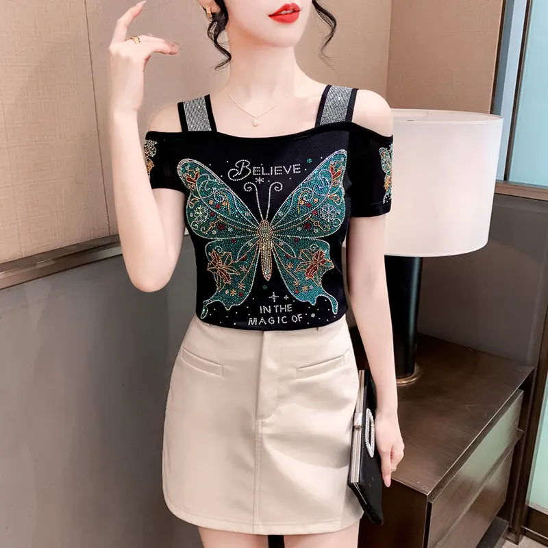 2026 Summer New Arrival: Women's Trendy Short-Sleeve Top — Intricate Rhinestone Embellishment, Double-Layered Ice Silk & Mesh Design, Stylish Off-Shoulder Cut with Beautiful Back Detail