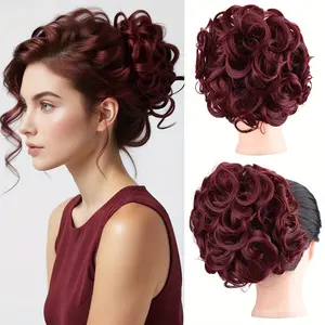 Wine Red Combs Messy Bun for Women Synthetic Curly Dish Hair Buns Extension Thick Chignon Hairpiece Claw Clip in Ponytail Scrunchies for Daily Party & Wedding Use