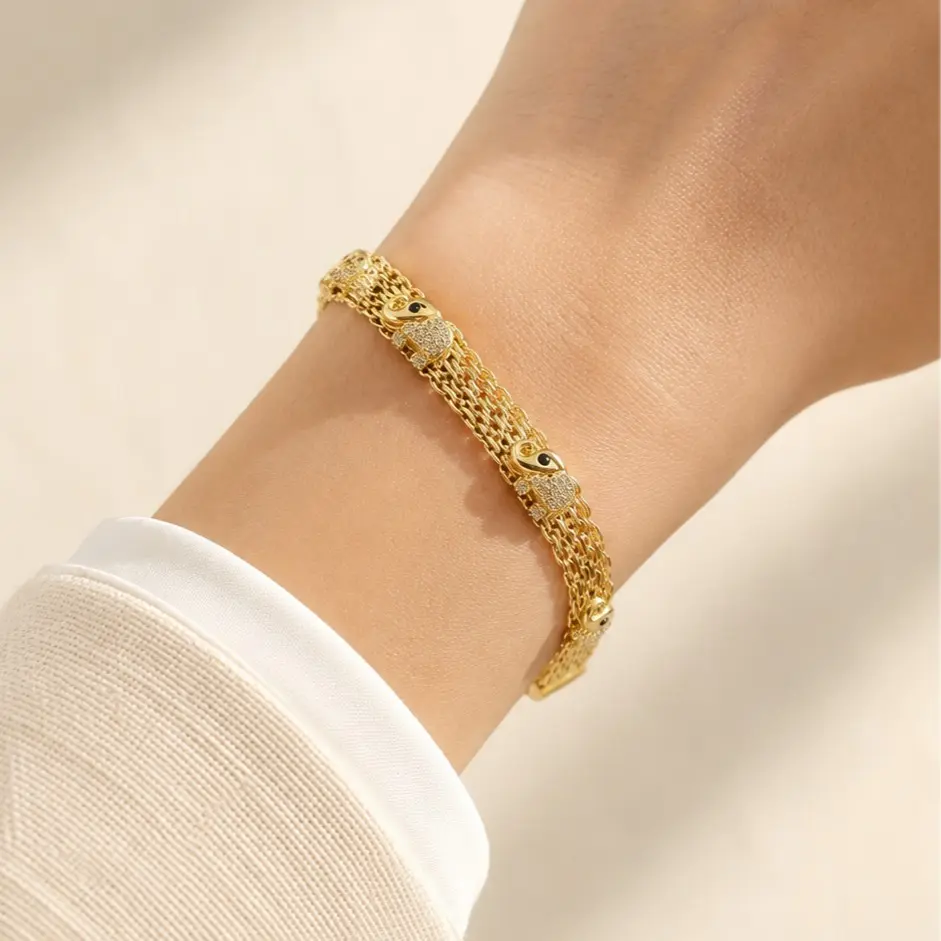 14K Gold-Plated Multi-Layer Eye Motif CZ Bracelet, 19 cm