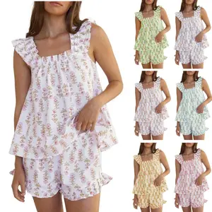Womens Floral Print Pajama Sets Ruffle Trim Cami and Casual Shorts 2 Piece Lounge Set PJ Summer Party