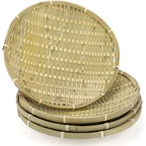 4 Packs Bamboo Basket Tray, 12 in Round Hand Weave Bread Baskets for Serving, Woven Fruit , Rattan Wicker Serving  for Garden, Daily Dinning, Kitchen Organization, Stackable Organiser Household
