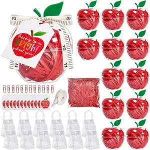 12 Set Teacher Appreciation Apple Container Gifts, Plastic Apple Shaped Gift Box Candy Jar Gift with Gifts Card, Tote Bags & Raffia for First Day Classroom Party Favors Back to School (Clear)
