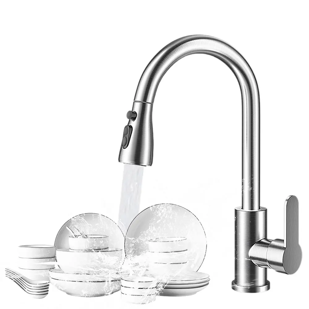 [Modern Kitchen Faucet]Modern Brushed Nickel Pull-Down Kitchen Faucet - Stainless Steel Single Handle High Arc with Sprayer for Sink - Easy Installation for Kitchen & Bathroom, 201-Grade Stainless Steel Fixtures Home