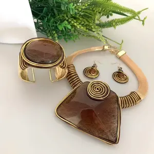 3pcs Bohemian Fashion Exaggeration, Handmade, Acrylic Ladder Wide Pendant Network Mesh Aluminum Wire Necklace Earrings+Open Bracelet Set