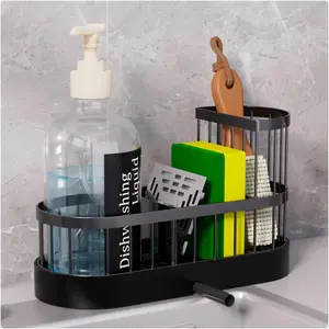 Sponge Holder for Kitchen Sink with Brush Holder and Non-slip silicone support, Kitchen Sink Organizer for Sponge with Rustproof Plastic Base, Soap Dispenser Storage Accessories (Black, High)