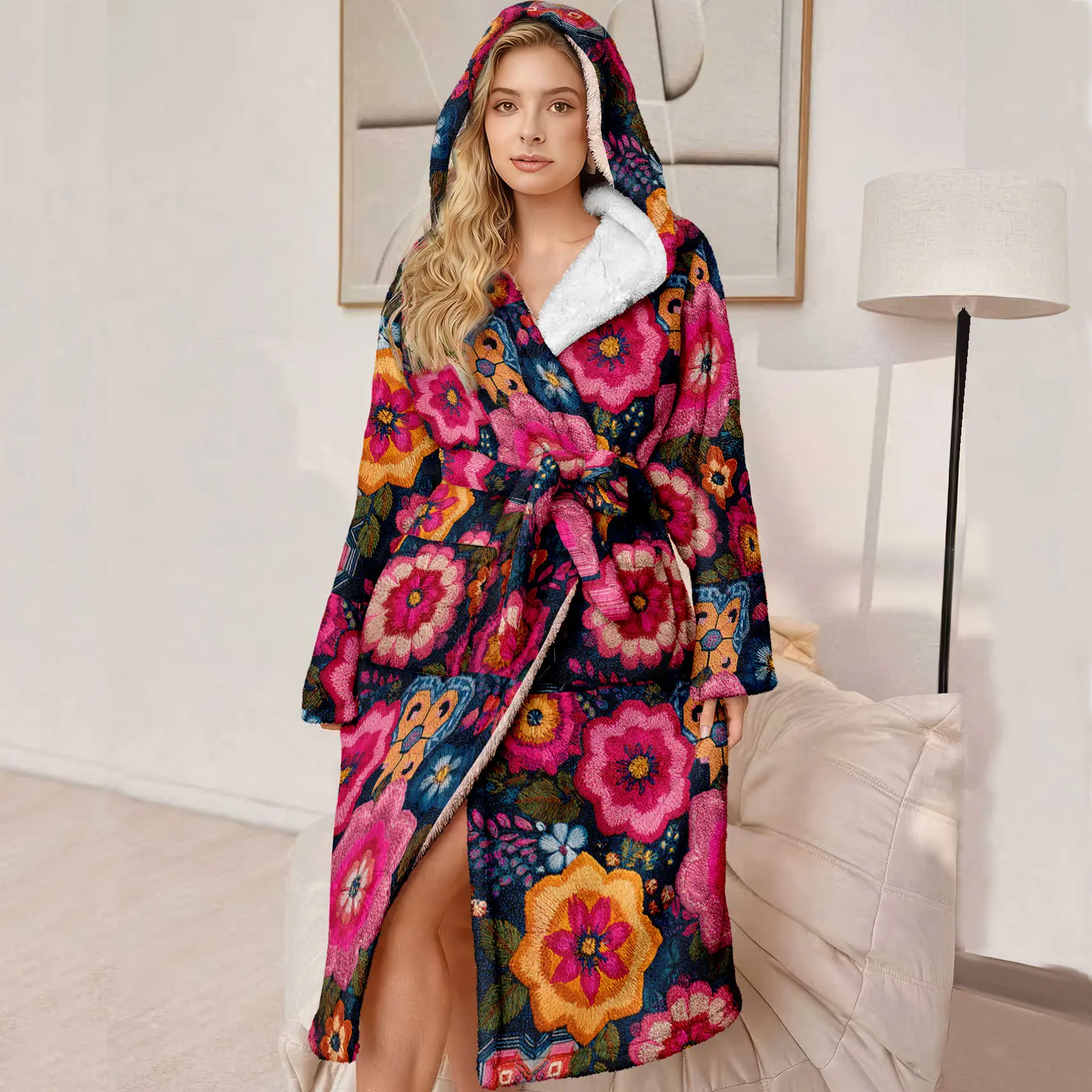 Plus Size Hooded Bathrobe for Women, Soft Plush Floral Pattern, Luxury Ladies' Robe, Perfect Gift for Mother and Wife