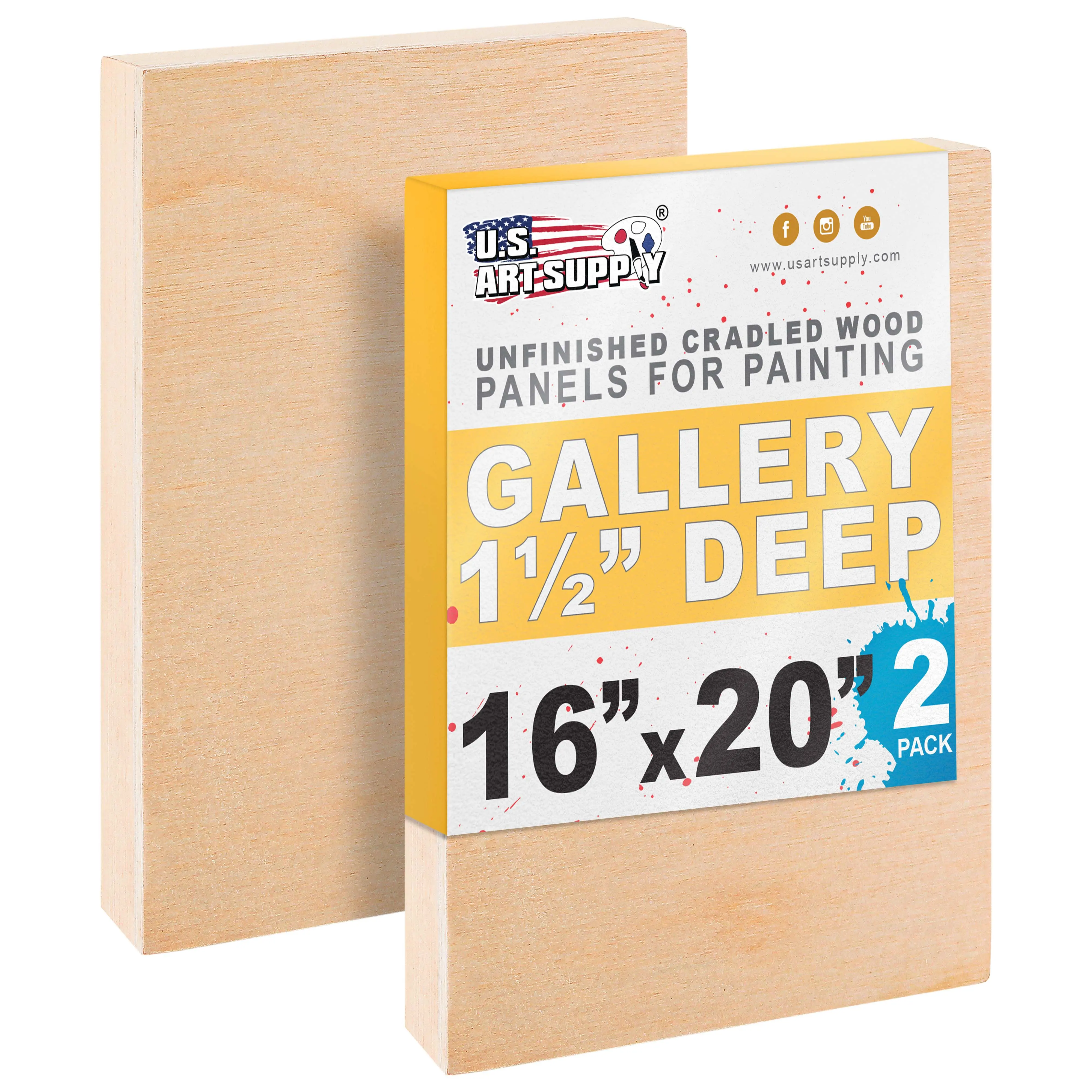 Unfinished Cradled Wood Panels for Painting, 2 Pack of 16x20 inch - Gallery Birch Wooden Canvas Boards 1-1/2" Deep - Mixed-Media Craft, Acrylic, Oil, Encaustic, Paint Pouring