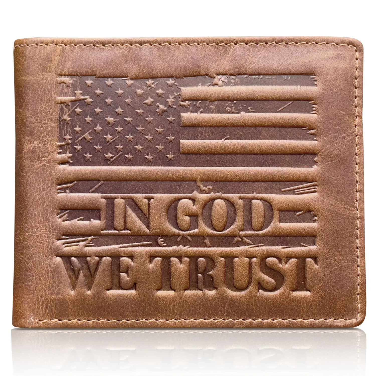 Men's Leather Bifold Wallet, Featuring "In God We Trust" Design and American Flag Embossing, Men's Wallet