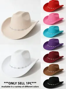 Western Cowboy Hat with Rhinestone Chain, Multi-Color Option, Casual Fitted Design, Perfect for Halloween Cosplay and Daily Use, High Quality Hat