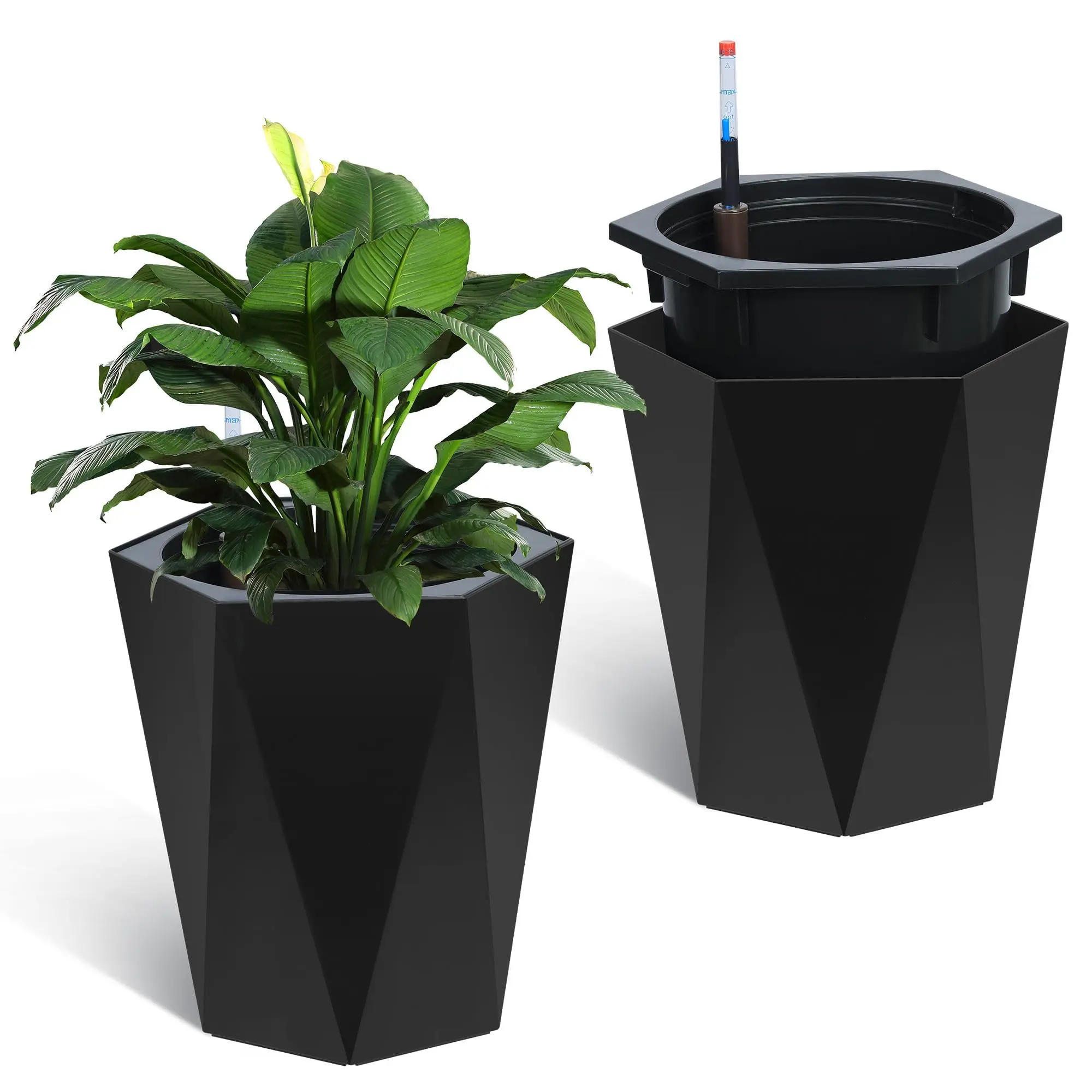 Garvee 16 in Tall Planters with Wheels - Diamond Planters Set with Water Level Monitor, Inner Bucket, Outdoor/Indoor Self Watering Planters for Living Room, Home, Office - Black