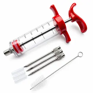 Meat Injector, 1-oz Plastic BBQ Marinade Injector Kit, Turkey Injector Syringe (3 Stainless Steel Meat Needles +3 Replacement O Rings + 1 Cleaning Brush) for Turkey Smoked BBQ Grill outdoorfun