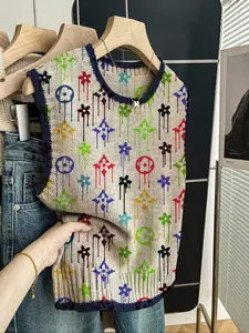 Women's Casual Fitted Colorblock Knit Top, Spring Summer Round Neck Sleeveless Sweater, Deep Blue Color Block Geometric Print, Fall, Knitwear