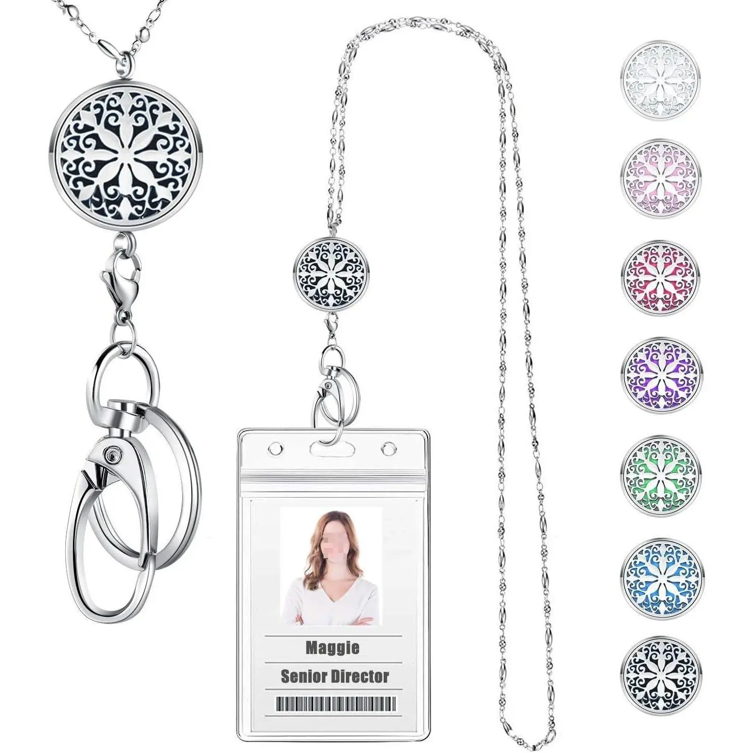 Women's Stainless Steel Mandala Aromatherapy Diffuser Lanyard Necklace - 3-Retractable-Tree of Life, 34-Inch Clip-On Casual ID Badge Holder, Felt Pads, Work Costume Jewelry Gift for Christmas, Co-Worker