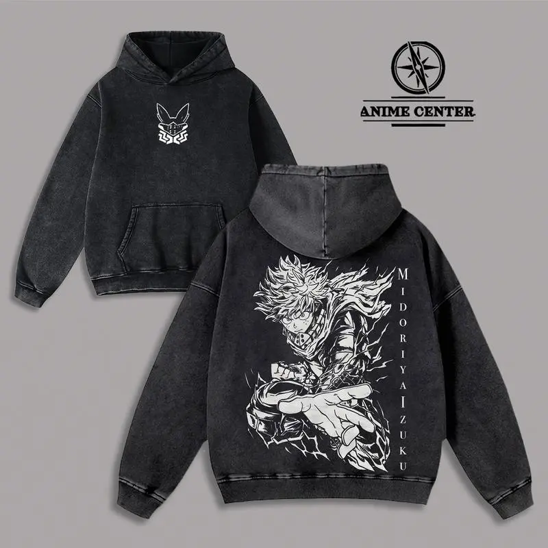 Deku Izuku Midoriya Hoodie Sweatshirt - My Hero Academia Vintage Oversize Washed Tee, Retro Anime Hero Graphic Top, Heavy Cotton Streetwear Fashion, Gift for MHA Fans & Anime Lovers