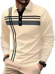 Men's Striped Print Button Front Casual Golf Polo Shirt, Regular Fit Casual Long Sleeve Collared Top for Spring & Fall, Fashion Men's Clothes for Daily Wear