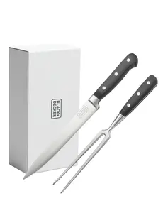 BLACK+DECKER 2-Piece Stainless Steel Carving Knife Set, 8” Carving Knife & 7” Fork, Kitchen Knife with 3CR13 Stainless Steel Blade, Meat Knife with Black ABS Handles, Magnetic Gift Box for Storage
