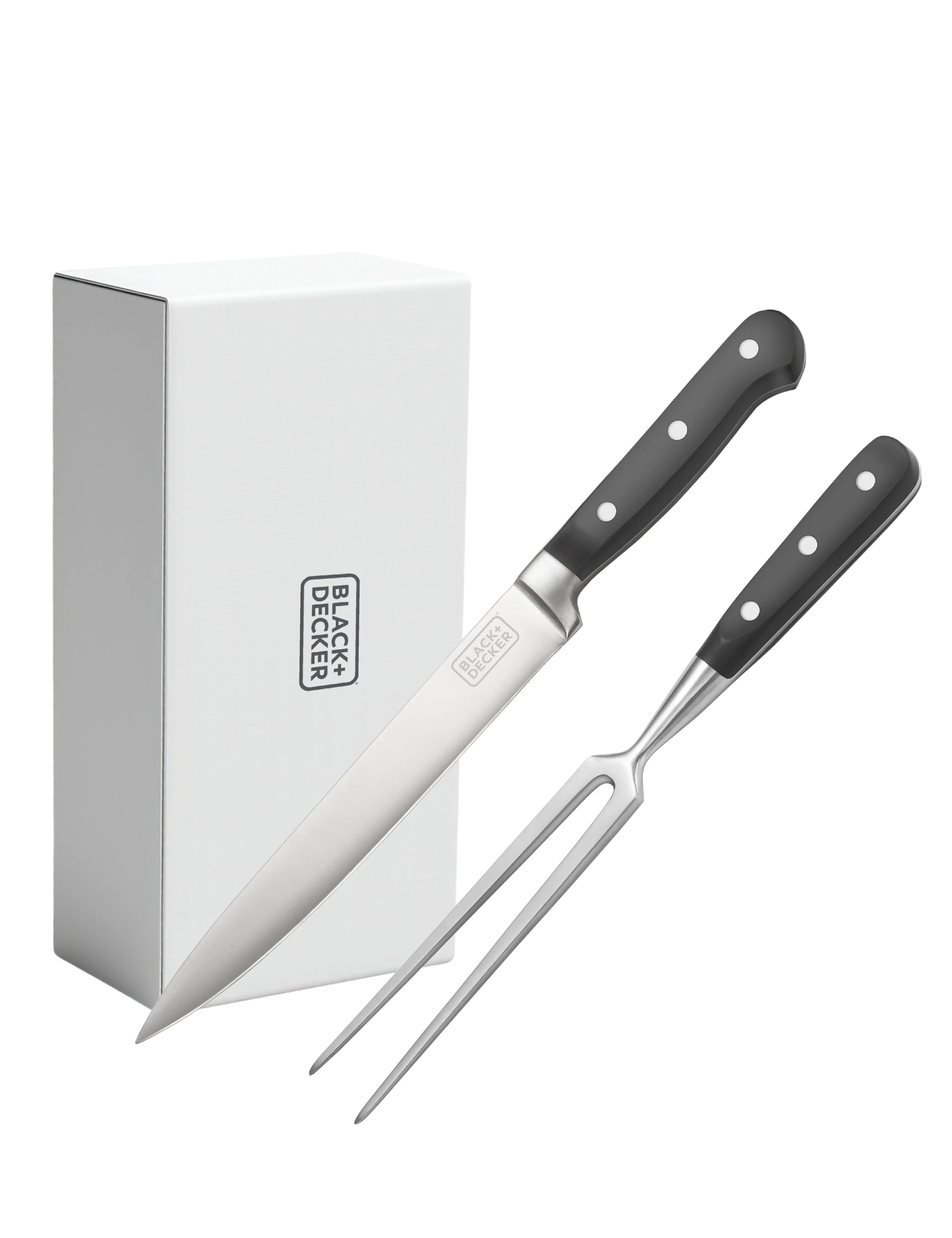 BLACK+DECKER 2-Piece Stainless Steel Carving Knife Set, 8” Carving Knife & 7” Fork, Kitchen Knife with 3CR13 Stainless Steel Blade, Meat Knife with Black ABS Handles, Magnetic Gift Box for Storage