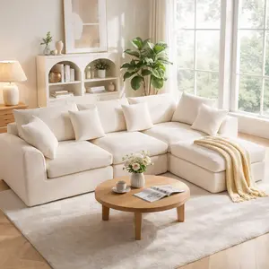 Benazcap 110" Cloud Sectional Couches for Living Room L-Shaped Convertible Sofa 3-Seat Modular Boneless with Movable Ottoman Beige/Darkgrey Corduroy Comfort