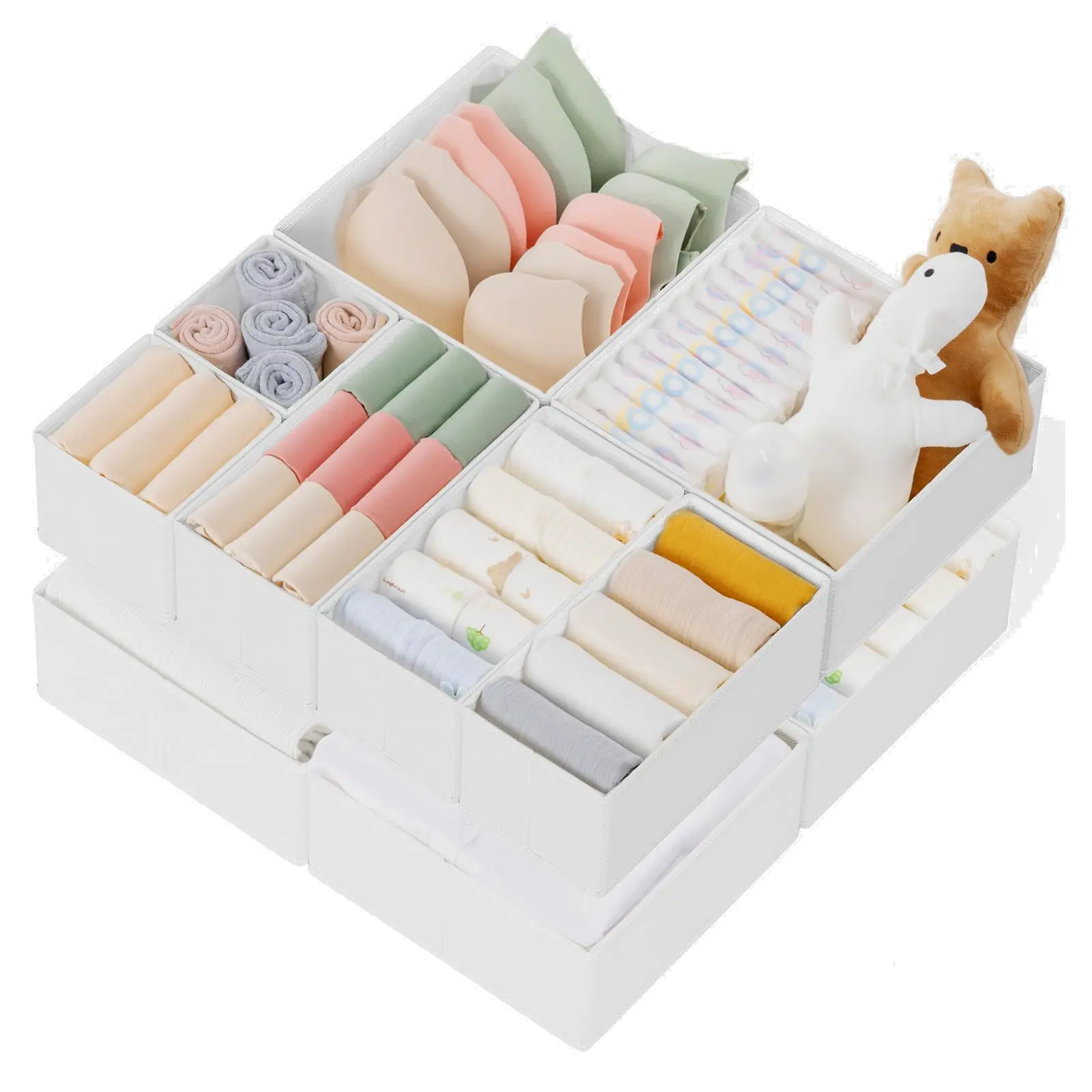 Criusia 10-Pack Classic Foldable Divided Compartments Organizer Boxes - Lightweight Folding Storage Bins for Baby Clothes, Underwear, Socks, Bedroom Organization (Beige/White, Square)